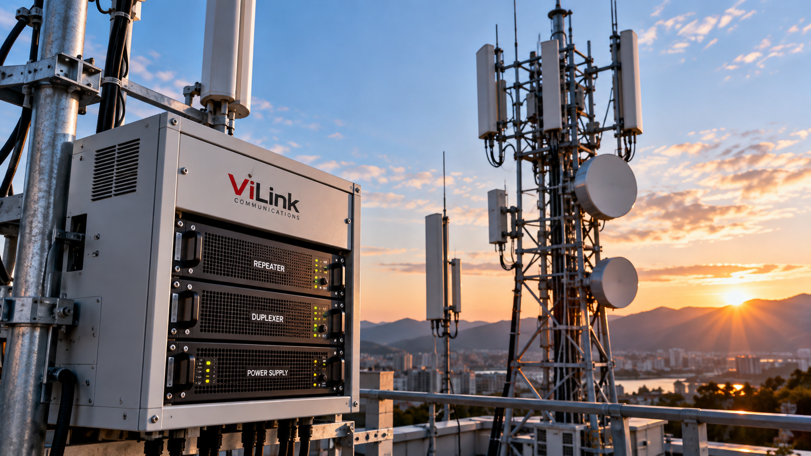 Professional radio communication infrastructure with repeater system and telecom tower
